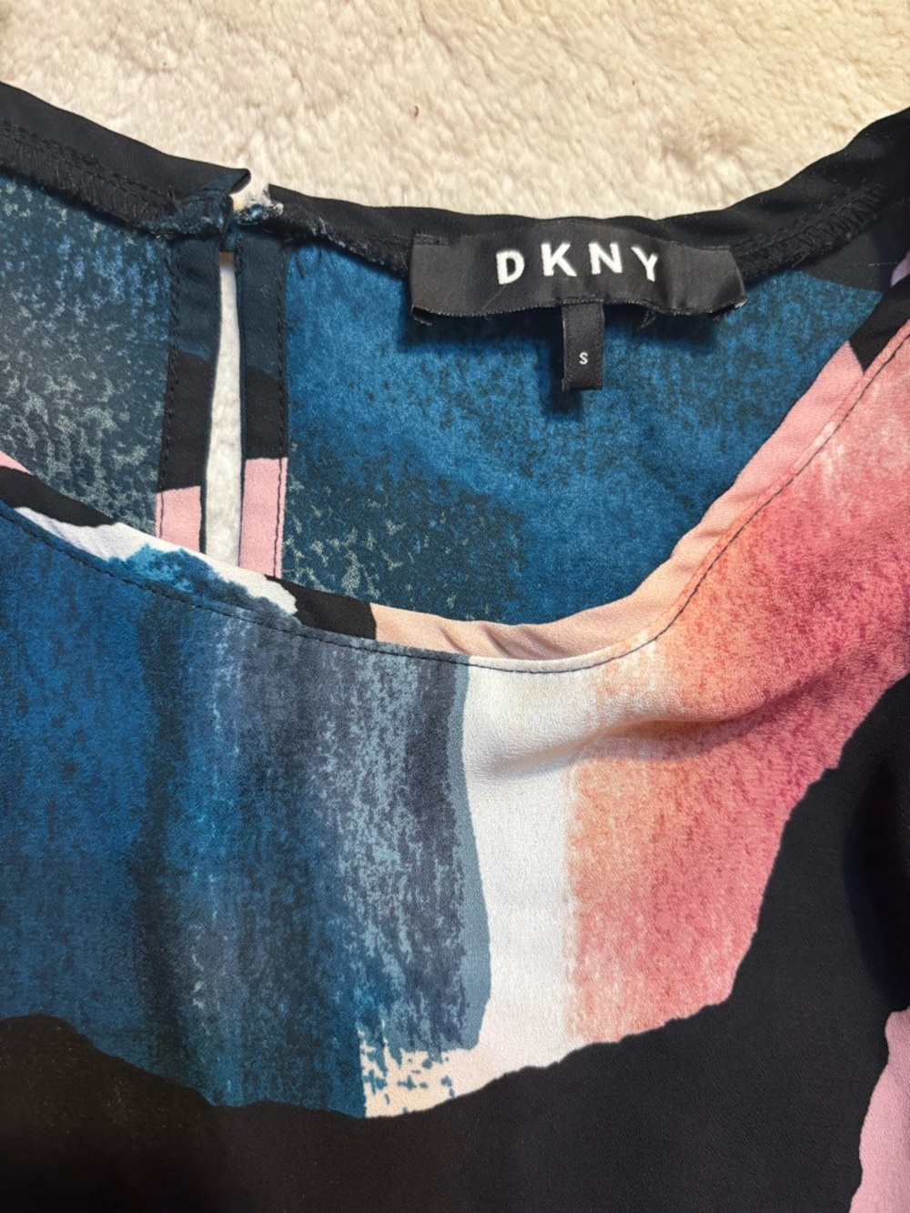 DKNY Blouse Small Sleeveless Colorblock Abstract Pink Black Green White Lightwt - Picture 11 of 13